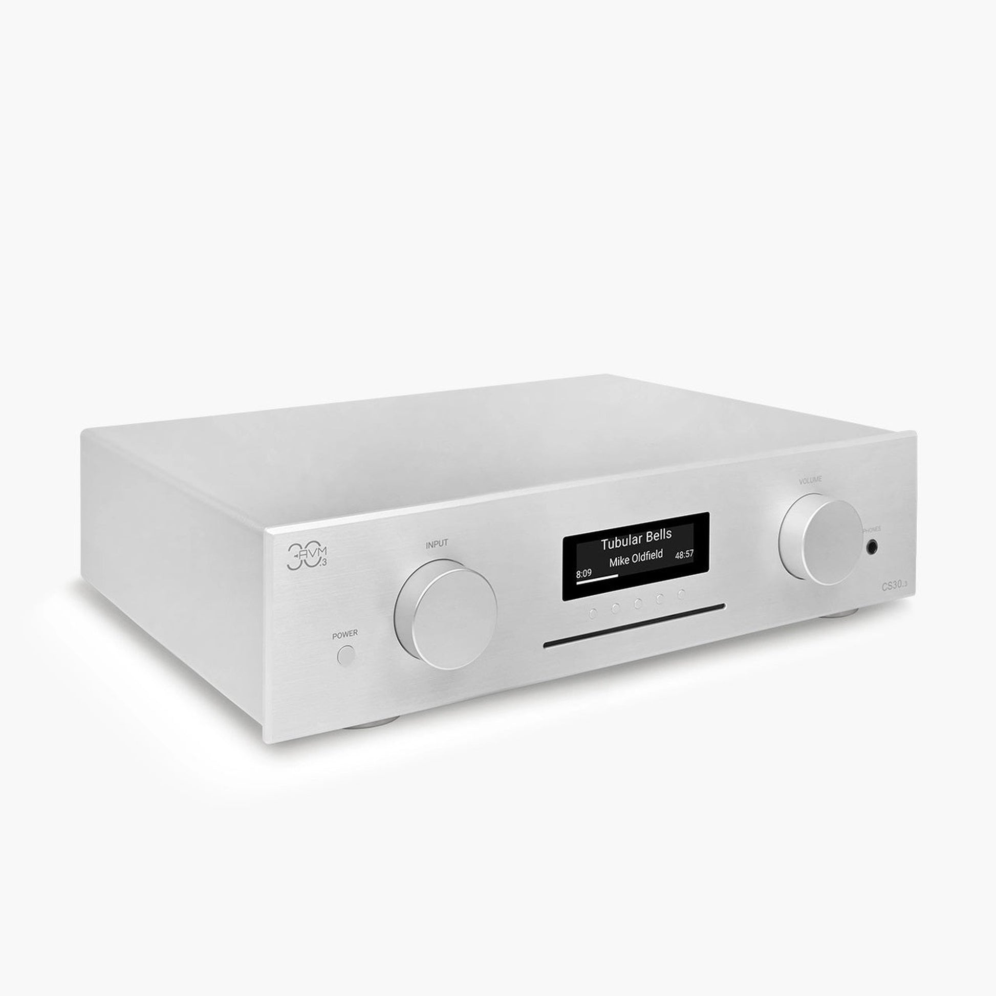 AVM CS 30.3 Streaming-Vollverstärker mit CD Silber Schrägansicht von links mit Gehäuseoberseite