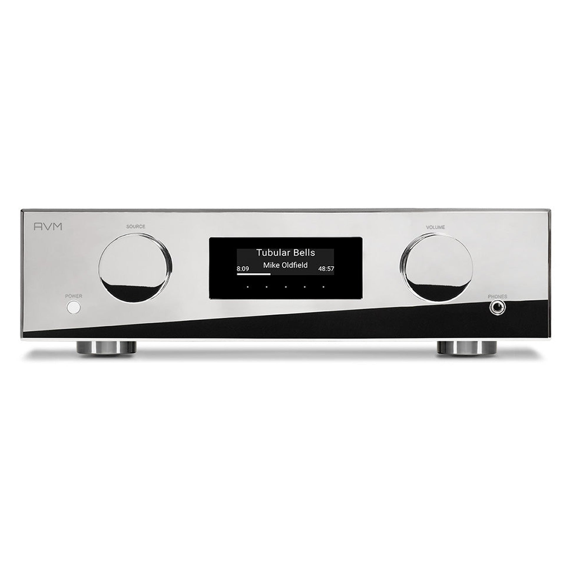 AVM Evolution AS 3.3 Streaming-Vollverstärker Cellini Chrom Frontansicht mit OLED-Display und Lautstärkeregler