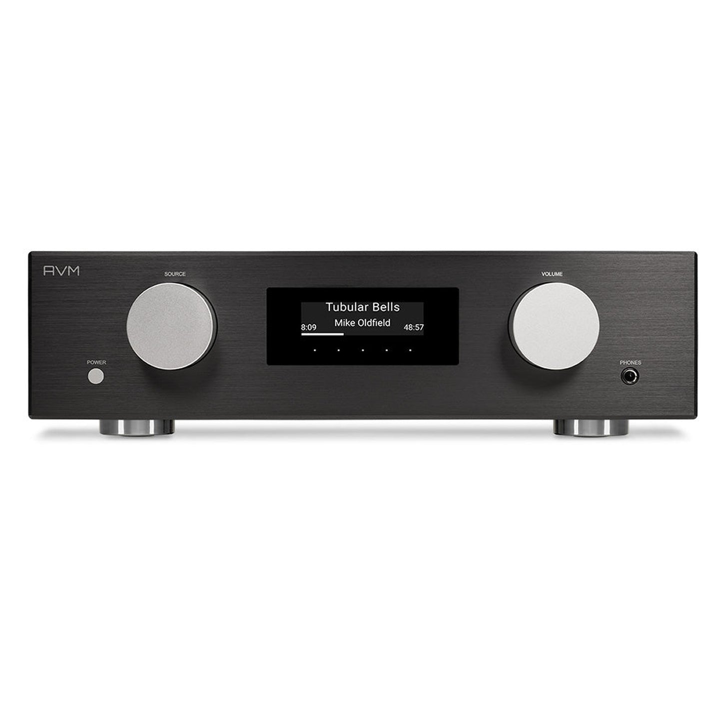 AVM Evolution AS 3.3 Streaming-Vollverstärker Schwarz Frontansicht mit OLED-Display und Lautstärkeregler