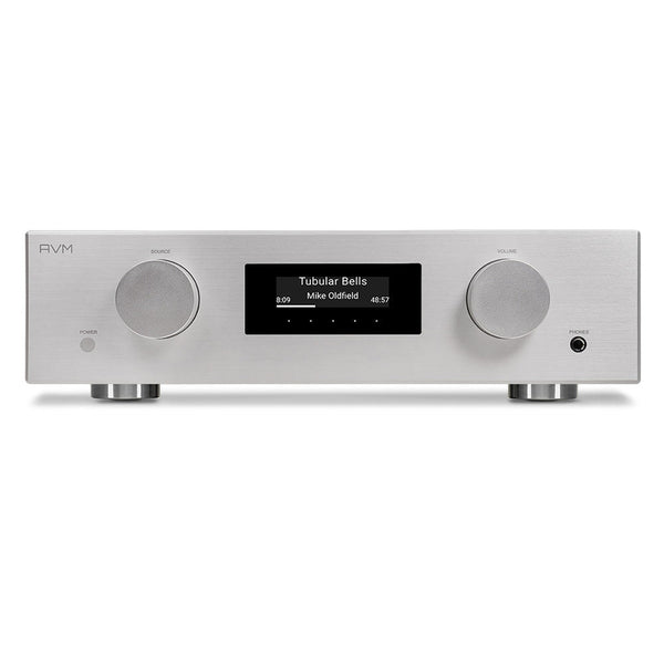 AVM Evolution AS 3.3 Streaming-Vollverstärker Silber Frontansicht mit OLED-Display und Lautstärkeregler