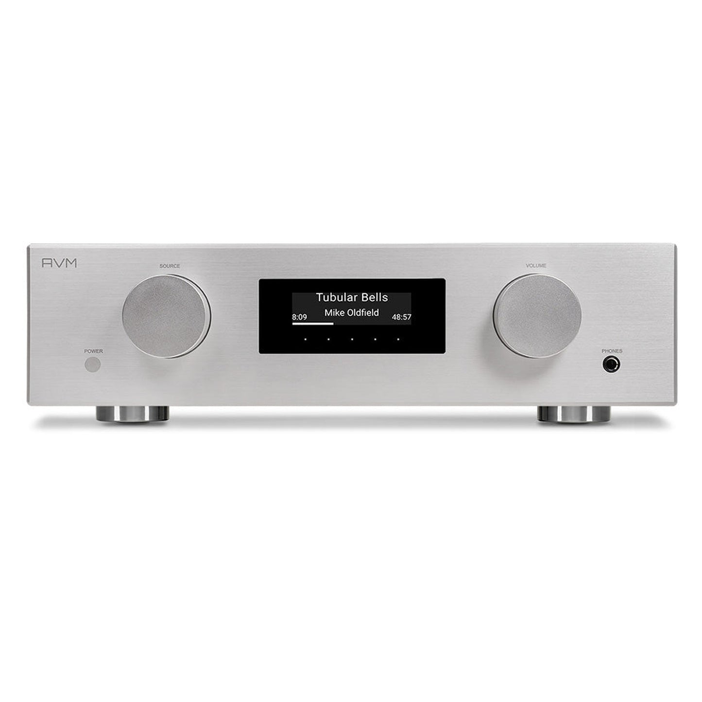 AVM Evolution AS 3.3 Streaming-Vollverstärker Silber Frontansicht mit OLED-Display und Lautstärkeregler