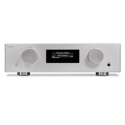 AVM Evolution AS 3.3 Streaming-Vollverstärker Silber Frontansicht mit OLED-Display und Lautstärkeregler