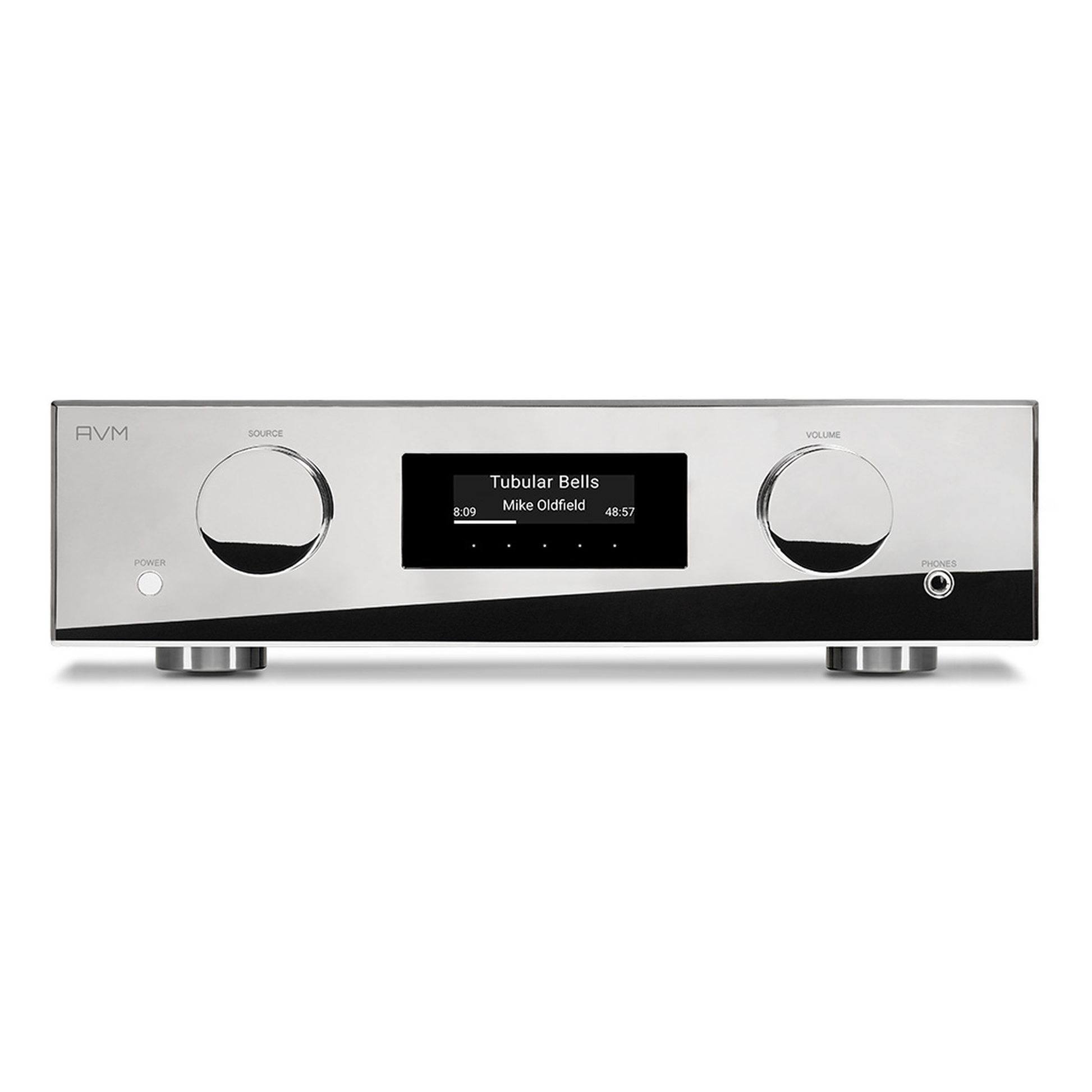 AVM Evolution AS 5.3 Streaming-Vollverstärker Cellini Chrom Frontansicht mit Display und Bedienreglern