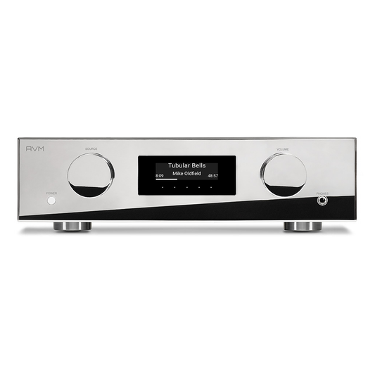 AVM Evolution AS 5.3 Streaming-Vollverstärker Cellini Chrom Frontansicht mit Display und Bedienreglern