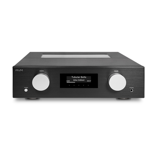 AVM Evolution AS 5.3 Streaming-Vollverstärker Schwarz Frontansicht mit Display und Röhrenfenster