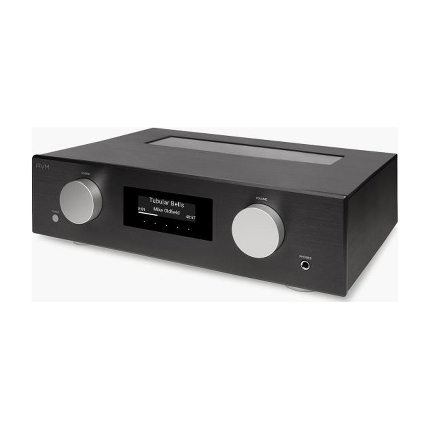 AVM Evolution AS 5.3 Streaming-Vollverstärker Schwarz Schrägansicht mit Display und Bedienreglern