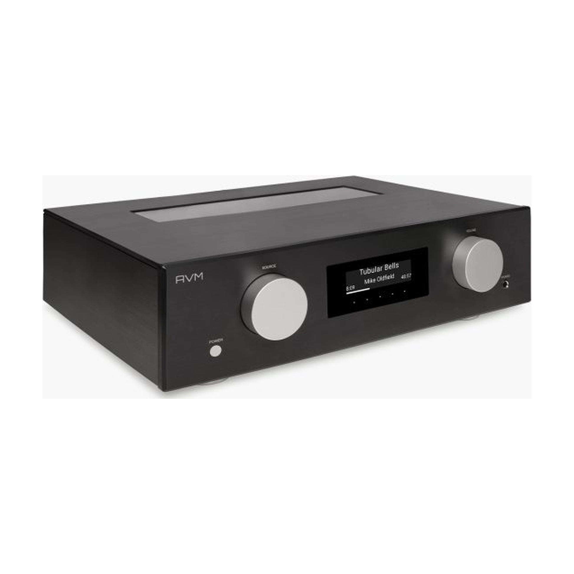 AVM Evolution AS 5.3 Streaming-Vollverstärker Schwarz Schrägansicht mit Gehäuseoberseite und Röhrenfenster