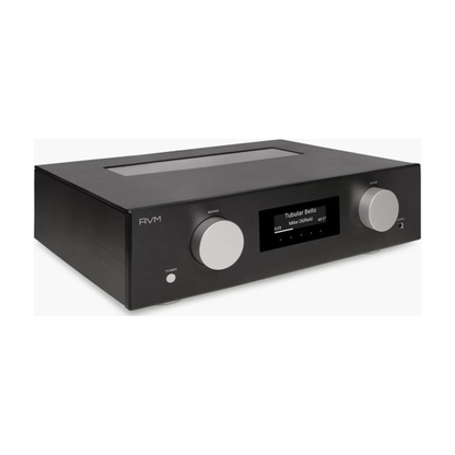AVM Evolution AS 5.3 Streaming-Vollverstärker Schwarz Schrägansicht mit Gehäuseoberseite und Röhrenfenster