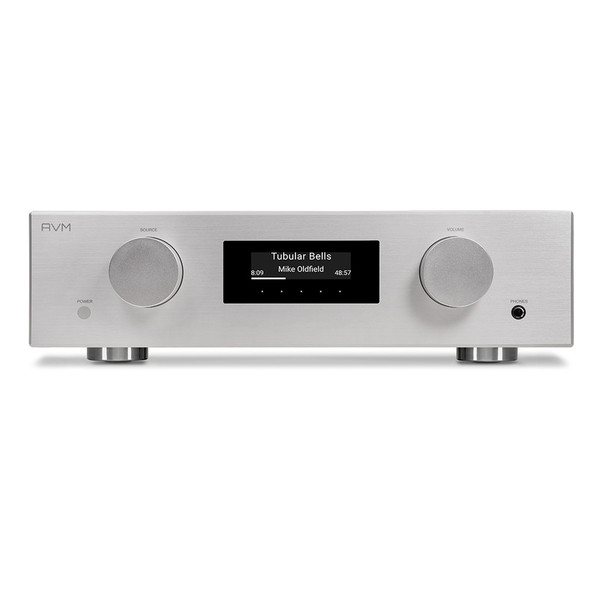 AVM Evolution AS 5.3 Streaming-Vollverstärker Silber Frontansicht mit Display, Source- und Volume-Regler