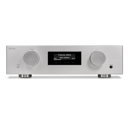 AVM Evolution AS 5.3 Streaming-Vollverstärker Silber Frontansicht mit Display, Source- und Volume-Regler
