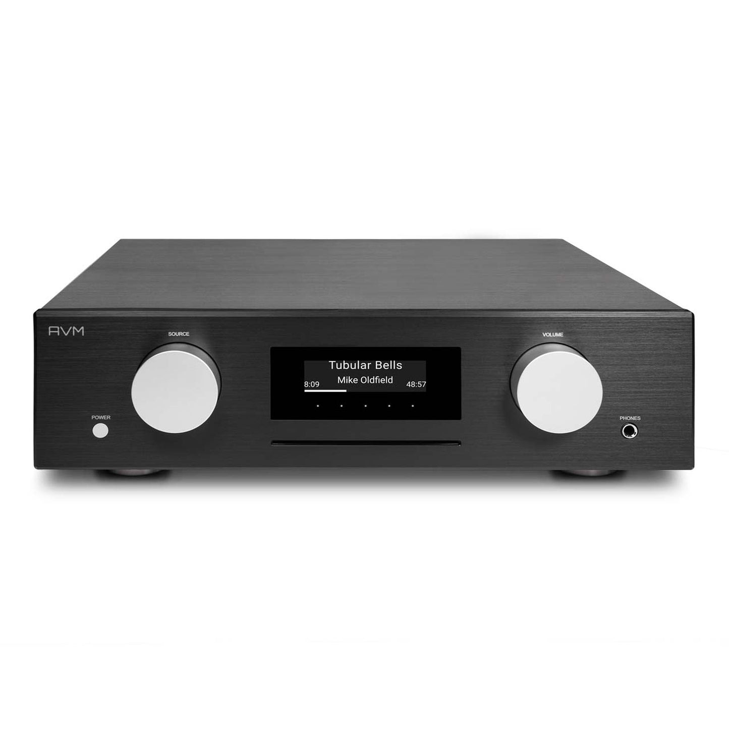 AVM Evolution CS 3.3 Streaming-Vollverstärker mit CD Schwarz Draufsicht auf Aluminiumdeckel und Bedienfront