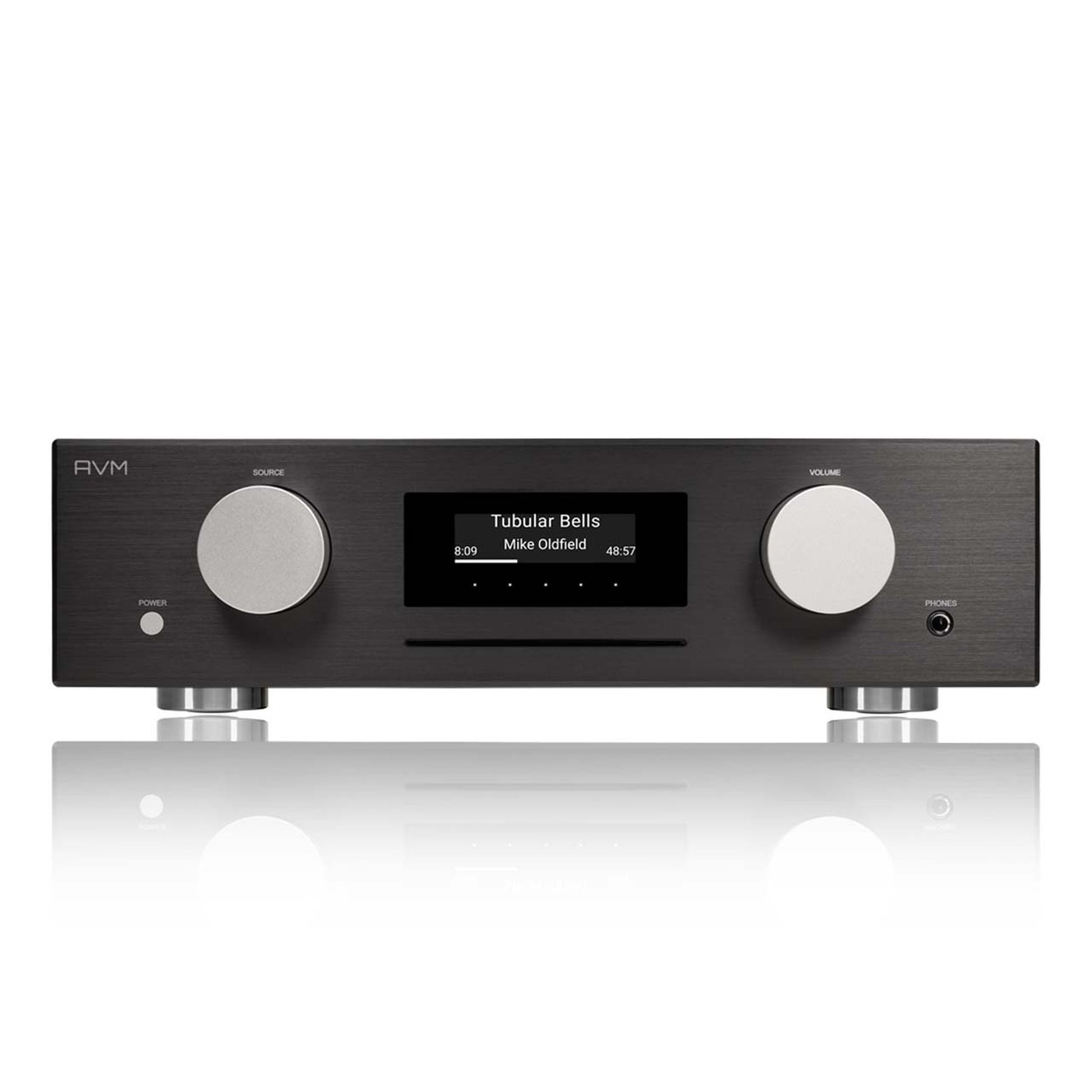AVM Evolution CS 3.3 Streaming-Vollverstärker mit CD Schwarz Frontansicht mit CD-Schacht und OLED-Display