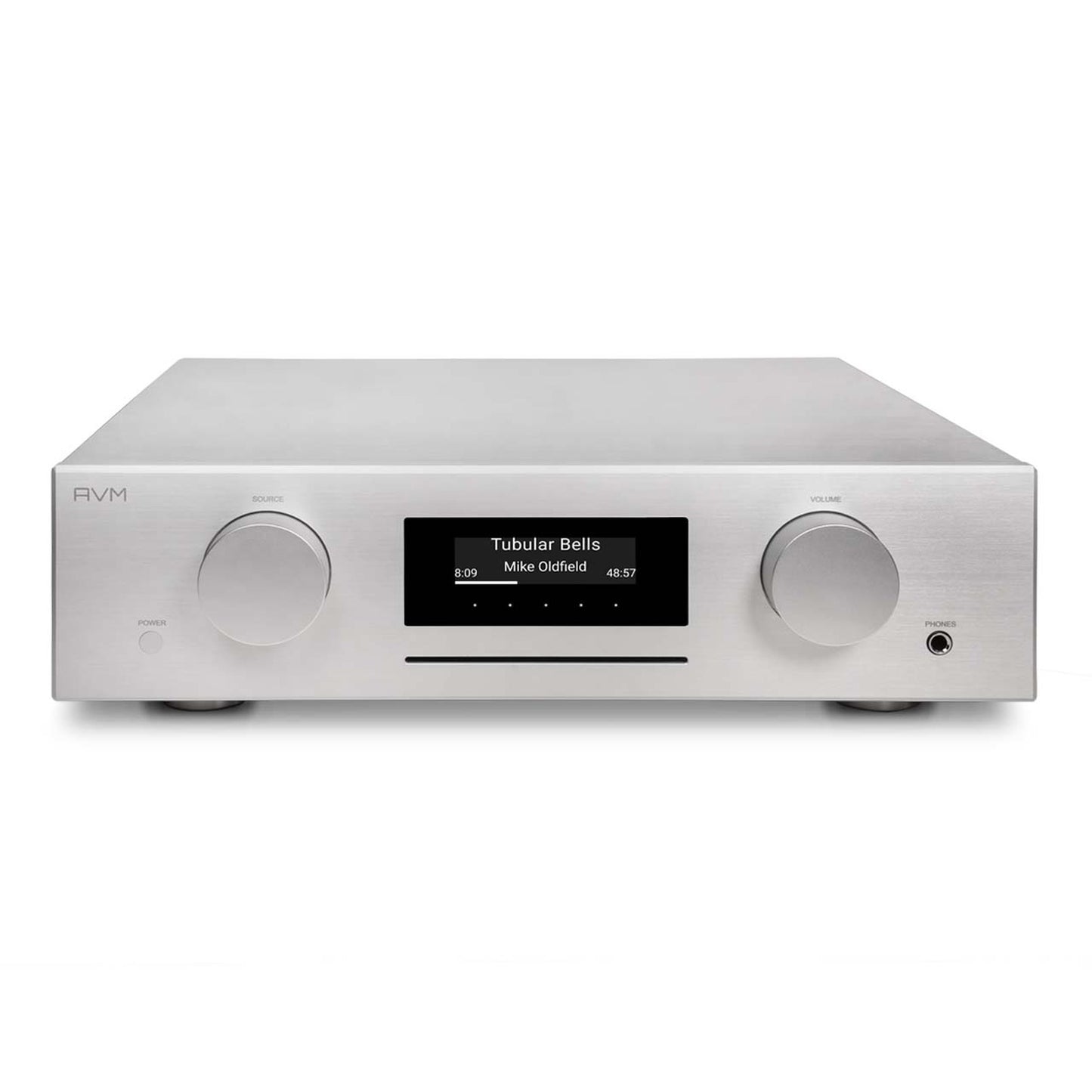 AVM Evolution CS 3.3 Streaming-Vollverstärker mit CD Silber Draufsicht auf Aluminiumdeckel und Bedienfront