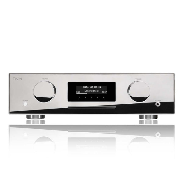 AVM Evolution CS 5.3 Streaming-Vollverstärker mit CD Cellini Chrom Frontansicht mit CD-Schacht und Display