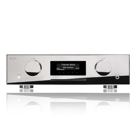 AVM Evolution CS 5.3 Streaming-Vollverstärker mit CD Cellini Chrom Frontansicht mit CD-Schacht und Display