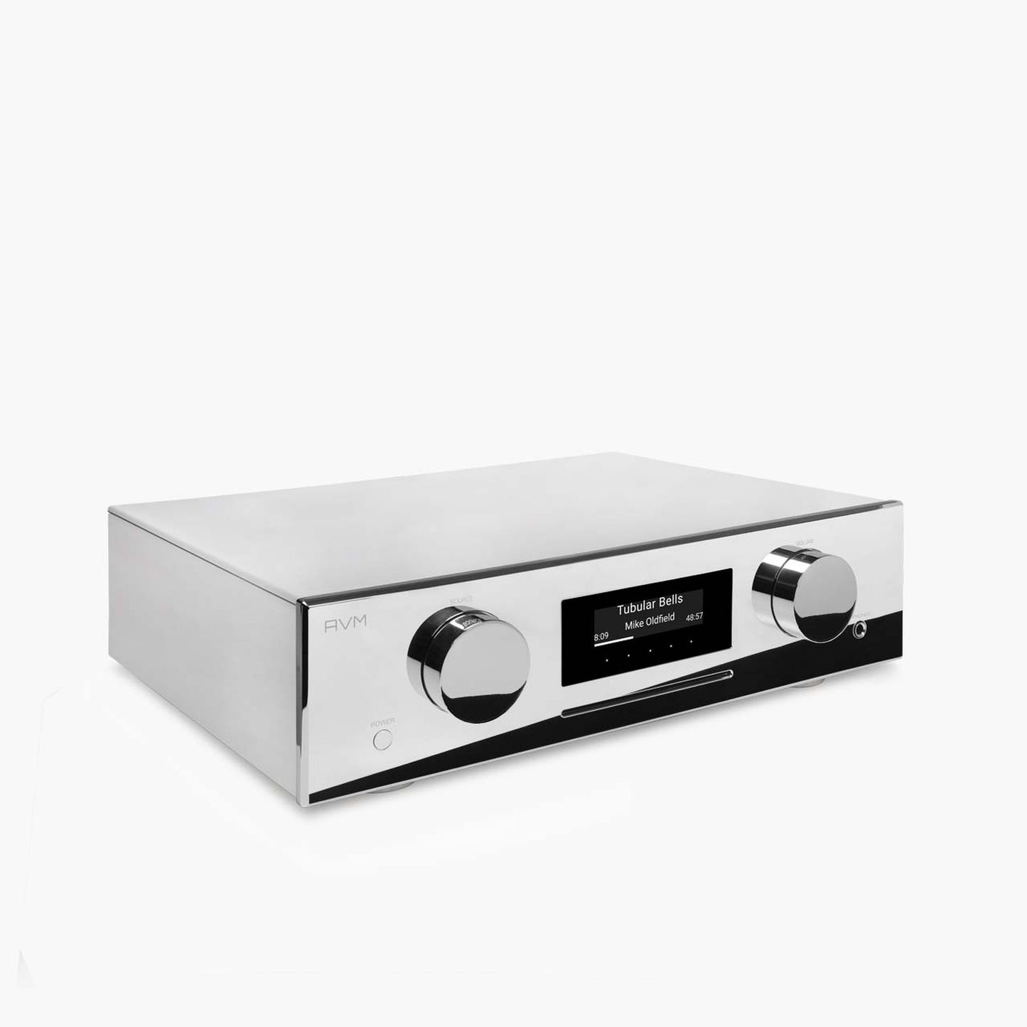 AVM Evolution CS 5.3 Streaming-Vollverstärker mit CD Cellini Chrom Seitenansicht des verchromten Gehäuses