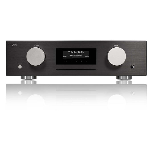 AVM Evolution CS 5.3 Streaming-Vollverstärker mit CD Schwarz Frontansicht mit CD-Schacht und OLED-Display