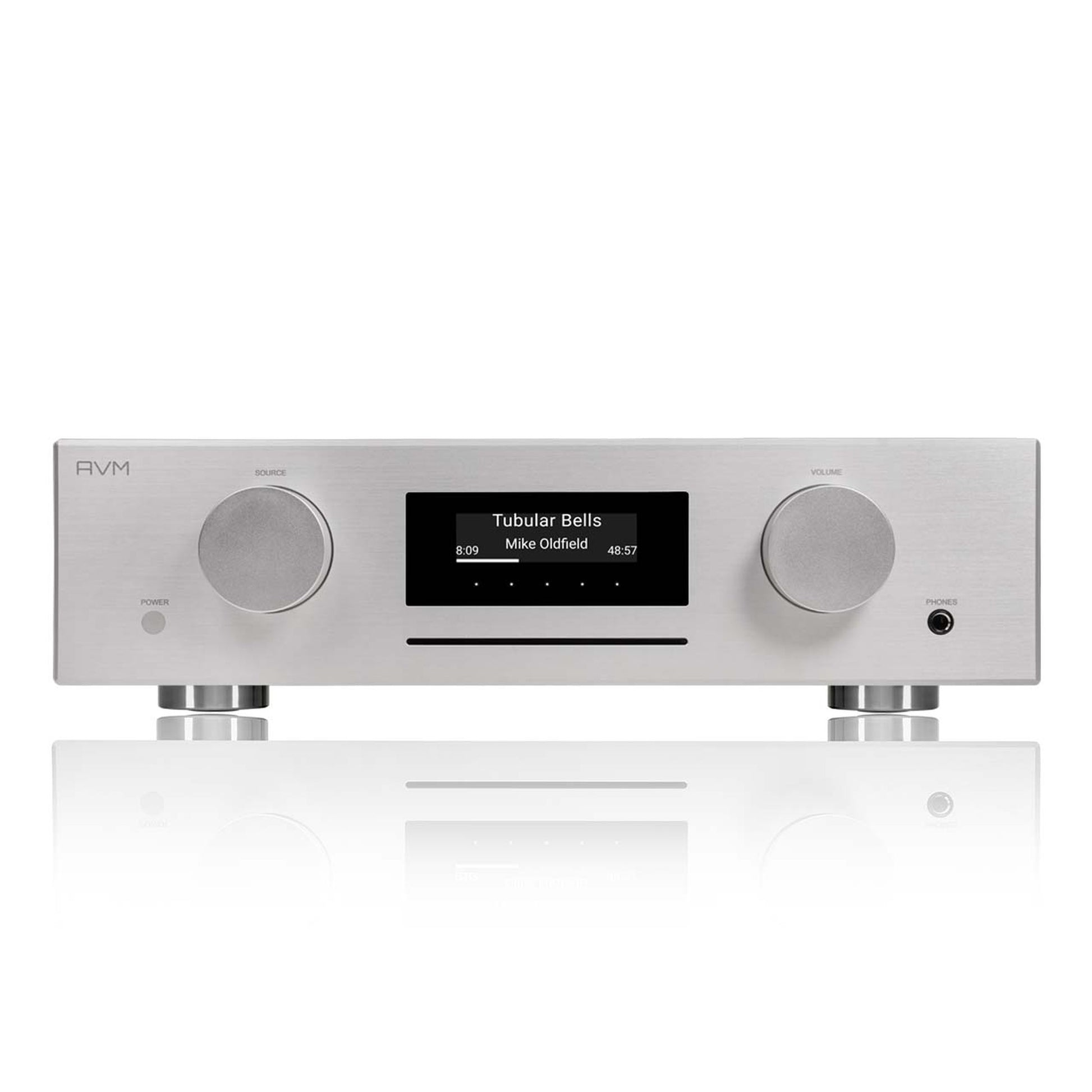 AVM Evolution CS 5.3 Streaming-Vollverstärker mit CD Silber Frontansicht mit CD-Schacht und OLED-Display