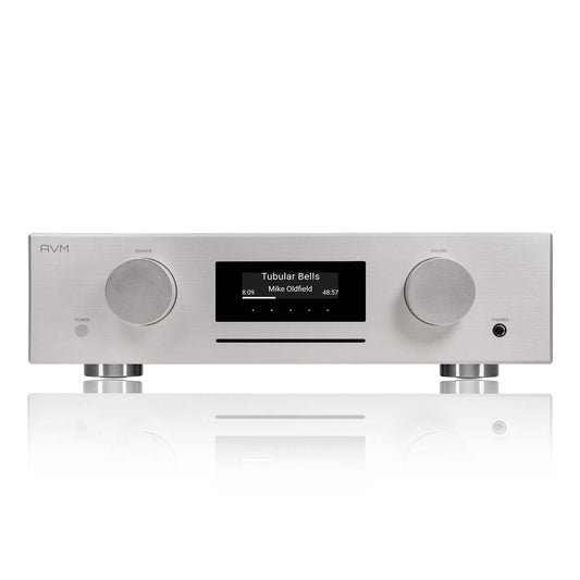 AVM Evolution CS 5.3 Streaming-Vollverstärker mit CD Silber Frontansicht mit CD-Schacht und OLED-Display