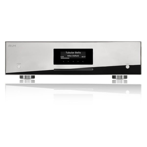 AVM Evolution MP 3.3 Streaming-Vorverstärker Cellini Chrom Frontansicht mit OLED-Display und CD-Laufwerk