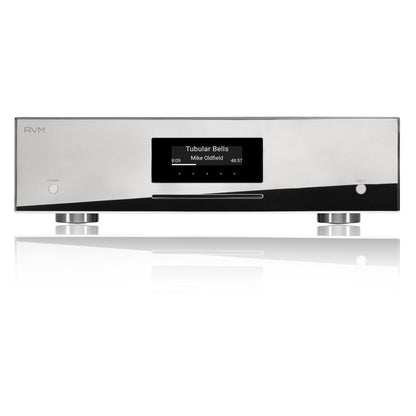 AVM Evolution MP 3.3 Streaming-Vorverstärker Cellini Chrom Frontansicht mit OLED-Display und CD-Laufwerk