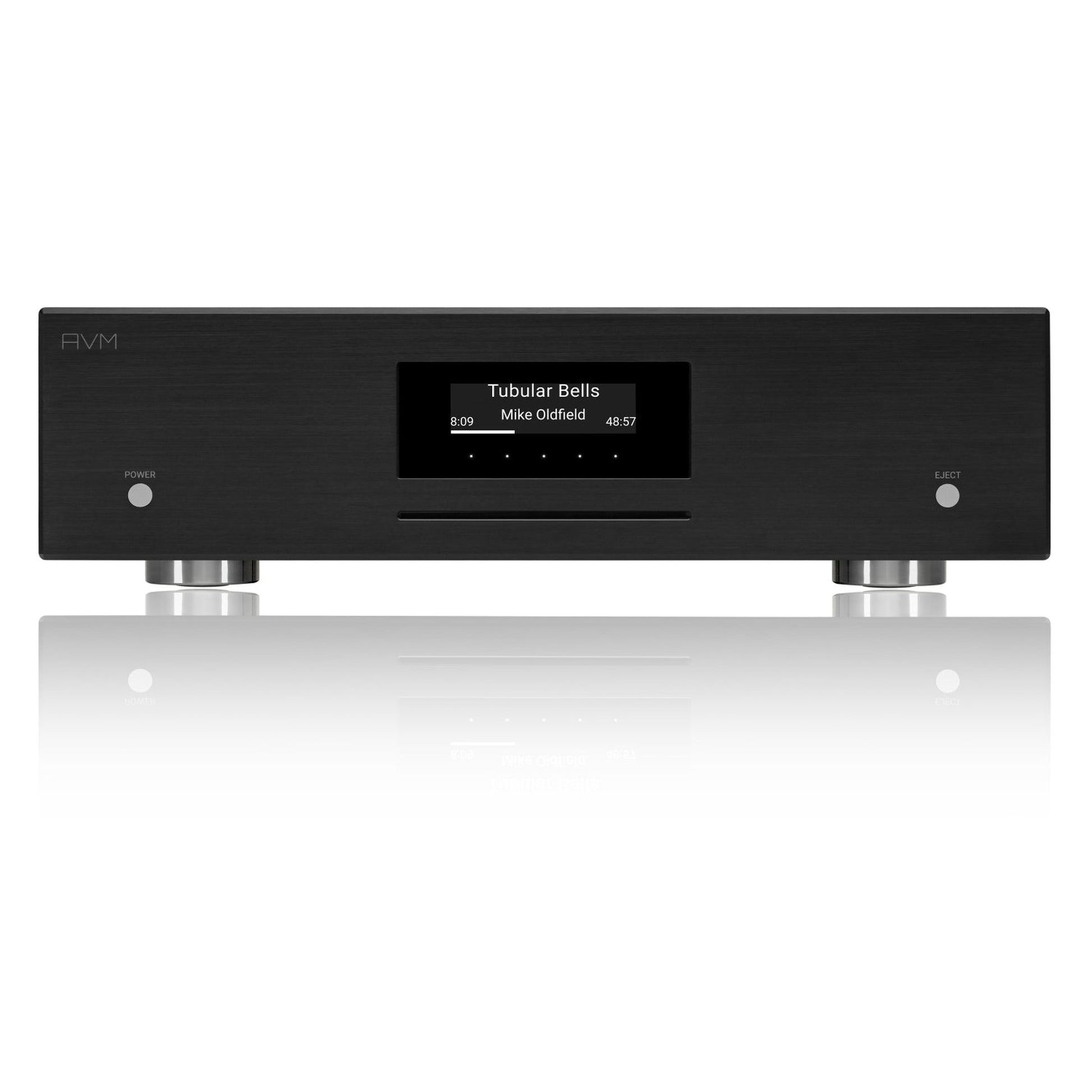 AVM Evolution MP 3.3 Streaming-Vorverstärker Schwarz Frontansicht mit OLED-Display und CD-Laufwerk