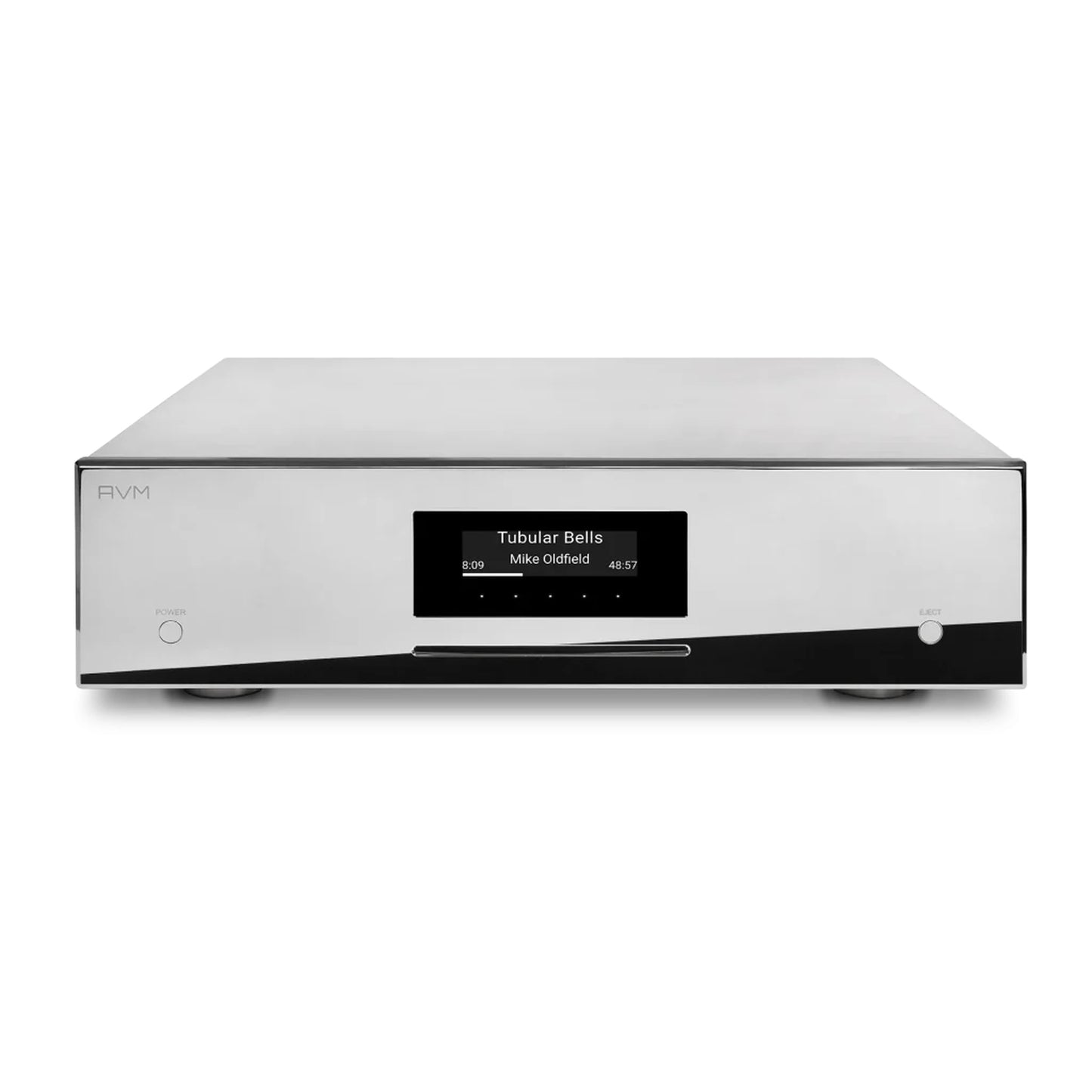 AVM Evolution MP 5.3 Streaming-Vorverstärker Cellini Chrom Frontansicht mit verchromter Front und Display