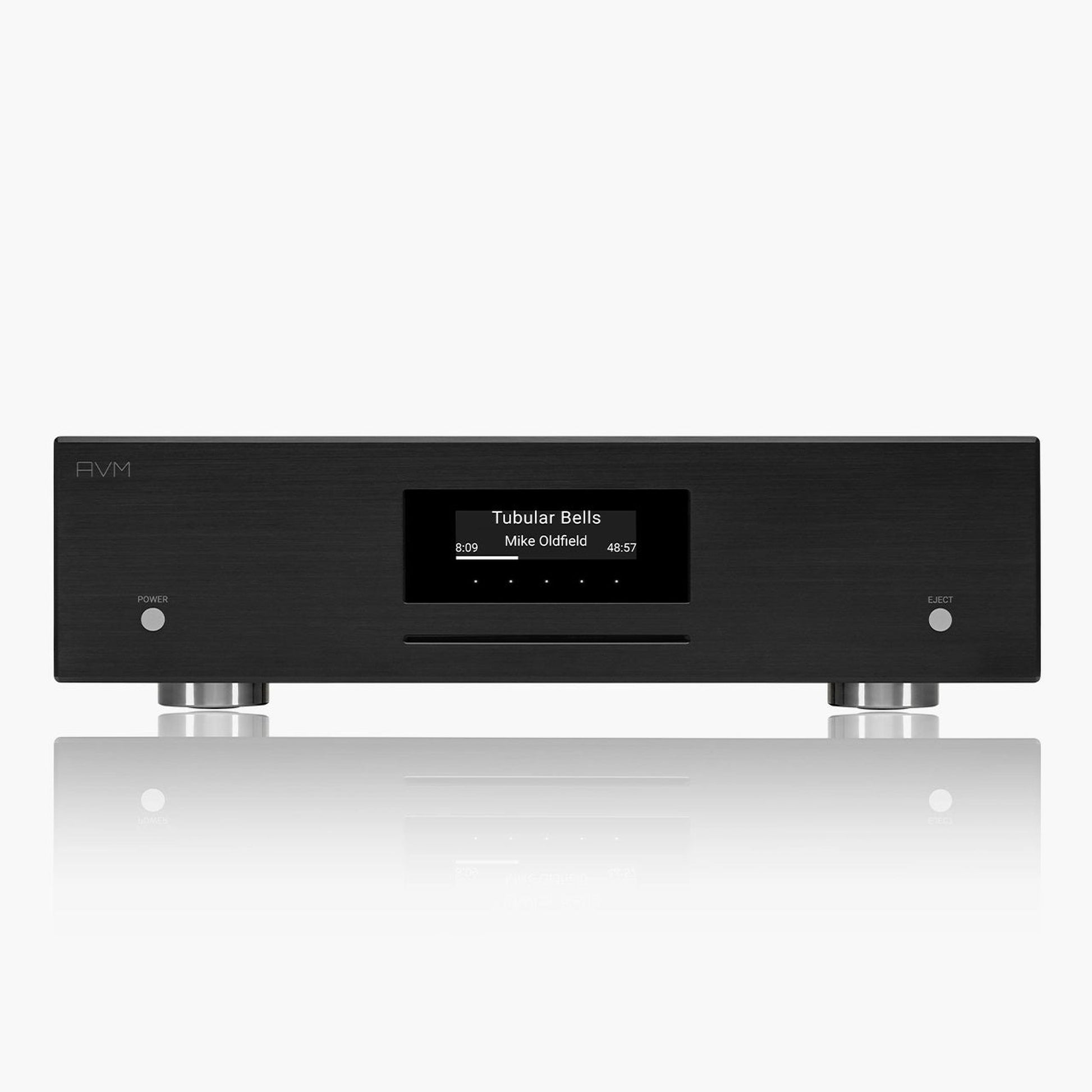 AVM Evolution MP 5.3 Streaming-Vorverstärker Schwarz Frontansicht mit OLED-Display und CD-Laufwerk