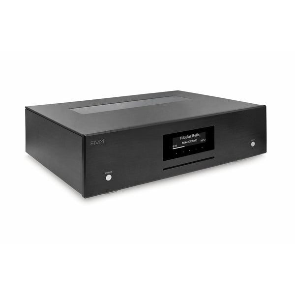 AVM Evolution MP 5.3 Streaming-Vorverstärker Schwarz Schrägansicht von links mit Röhrenfenster im Deckel