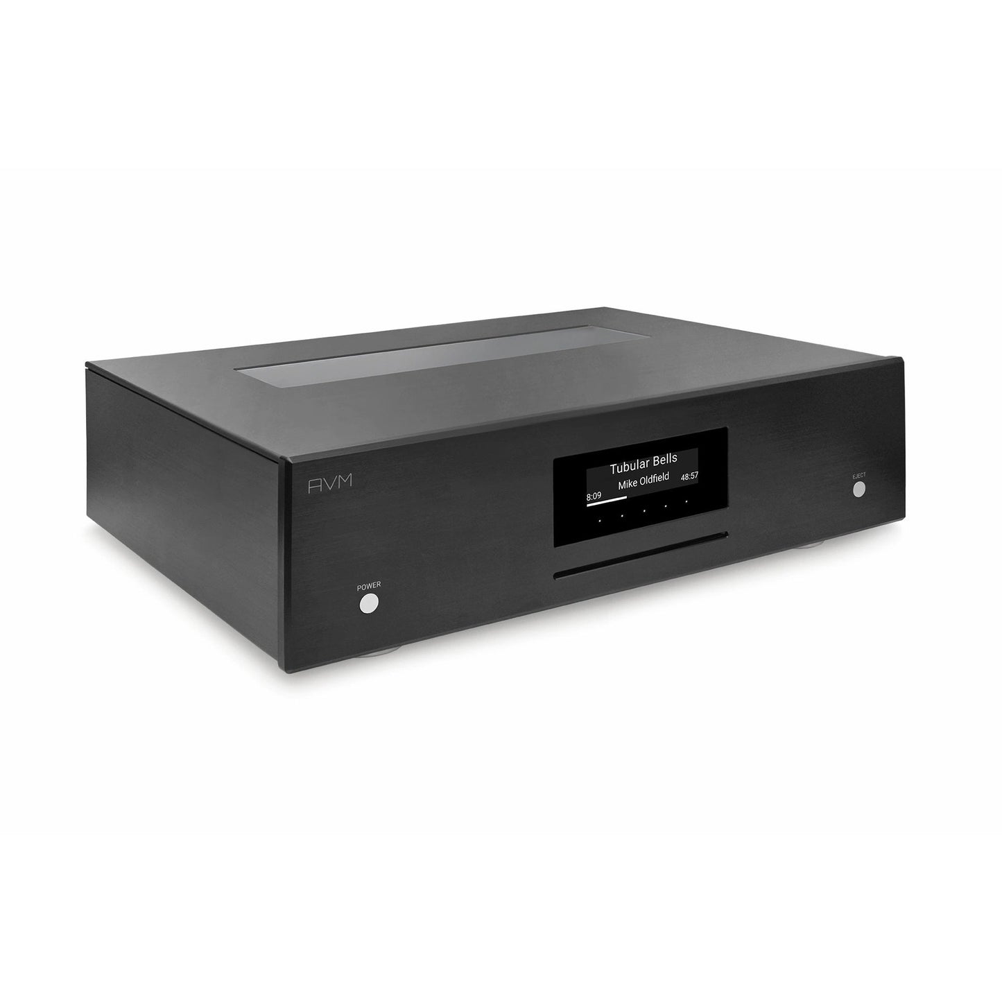 AVM Evolution MP 5.3 Streaming-Vorverstärker Schwarz Schrägansicht von links mit Röhrenfenster im Deckel