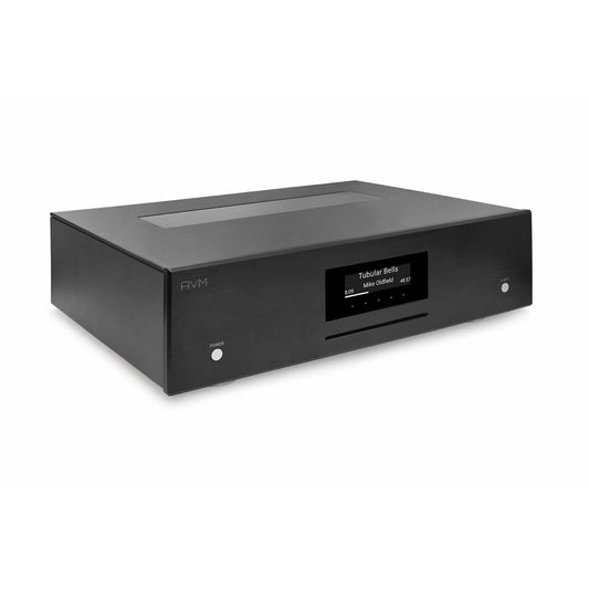 AVM Evolution MP 5.3 Streaming-Vorverstärker Schwarz Schrägansicht von links mit Röhrenfenster im Deckel