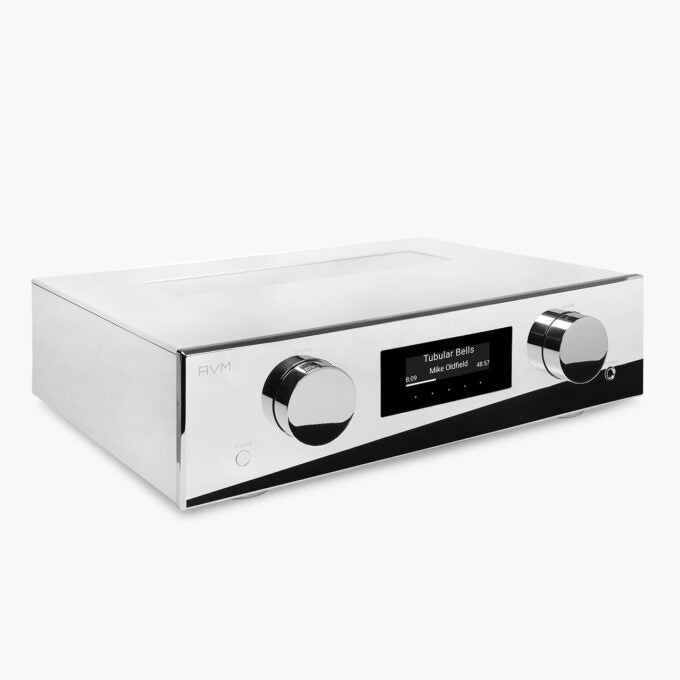 AVM Evolution PAS 3.3 Streaming-Vorverstärker Cellini Chrom Schrägansicht mit Glasfenster im Gehäusedeckel