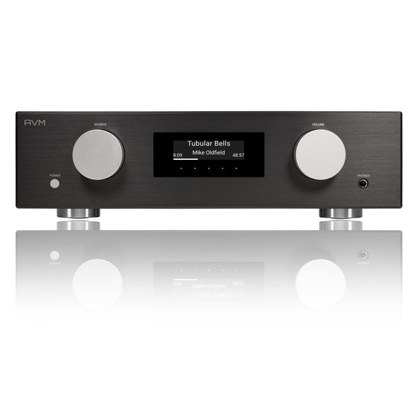 AVM Evolution PAS 3.3 Streaming-Vorverstärker Schwarz Frontansicht mit OLED-Display, Source- und Lautstärkeregler