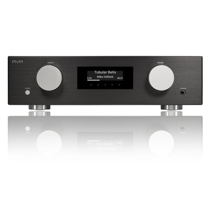 AVM Evolution PAS 3.3 Streaming-Vorverstärker Schwarz Frontansicht mit OLED-Display, Source- und Lautstärkeregler