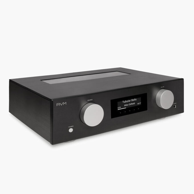 AVM Evolution PAS 3.3 Streaming-Vorverstärker Schwarz Schrägansicht von links mit Glasfenster im Gehäusedeckel