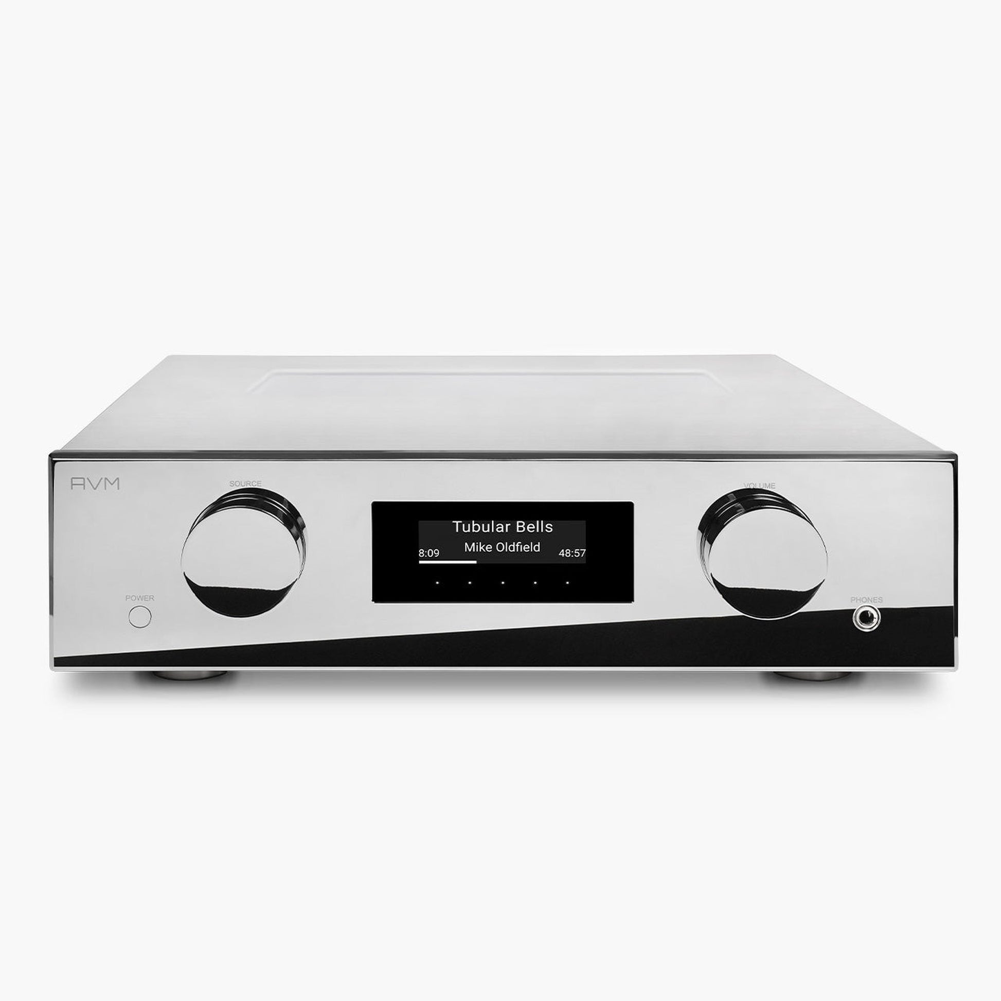 AVM Evolution PAS 5.3 Streaming-Vorverstärker Cellini Chrom Frontansicht mit Glasfenster im Gehäusedeckel