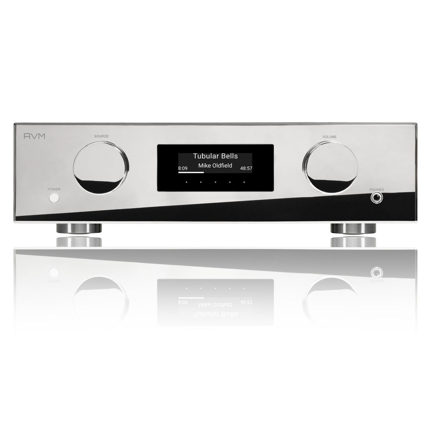AVM Evolution PAS 5.3 Streaming-Vorverstärker Cellini Chrom Frontansicht mit OLED-Display und Chromfront