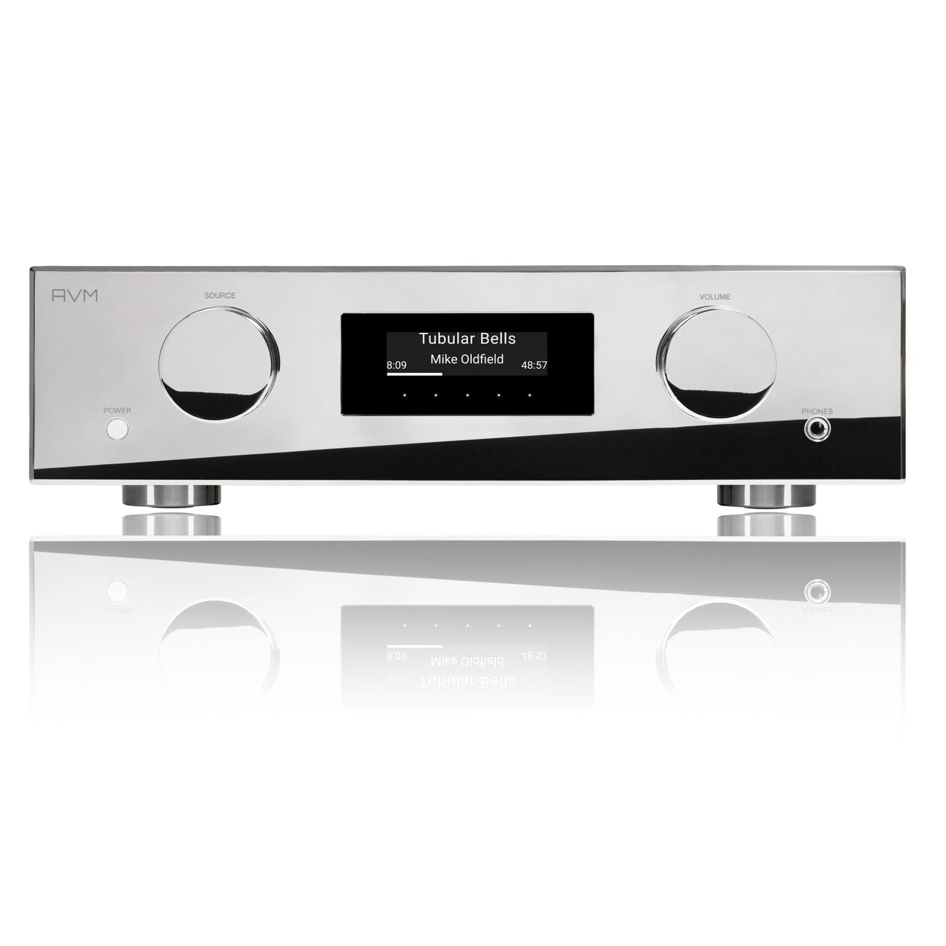 AVM Evolution PAS 5.3 Streaming-Vorverstärker Cellini Chrom Frontansicht mit OLED-Display und Chromfront