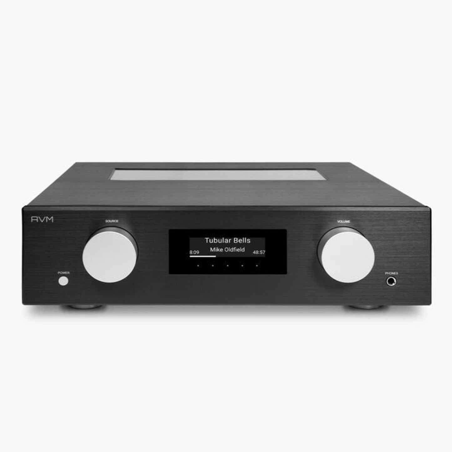 AVM Evolution PAS 5.3 Streaming-Vorverstärker Schwarz Frontansicht mit Blick auf das Glasfenster im Deckel