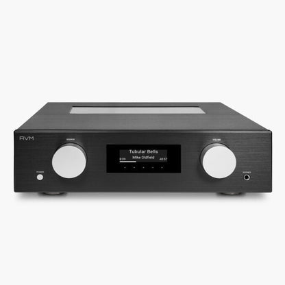 AVM Evolution PAS 5.3 Streaming-Vorverstärker Schwarz Frontansicht mit Blick auf das Glasfenster im Deckel