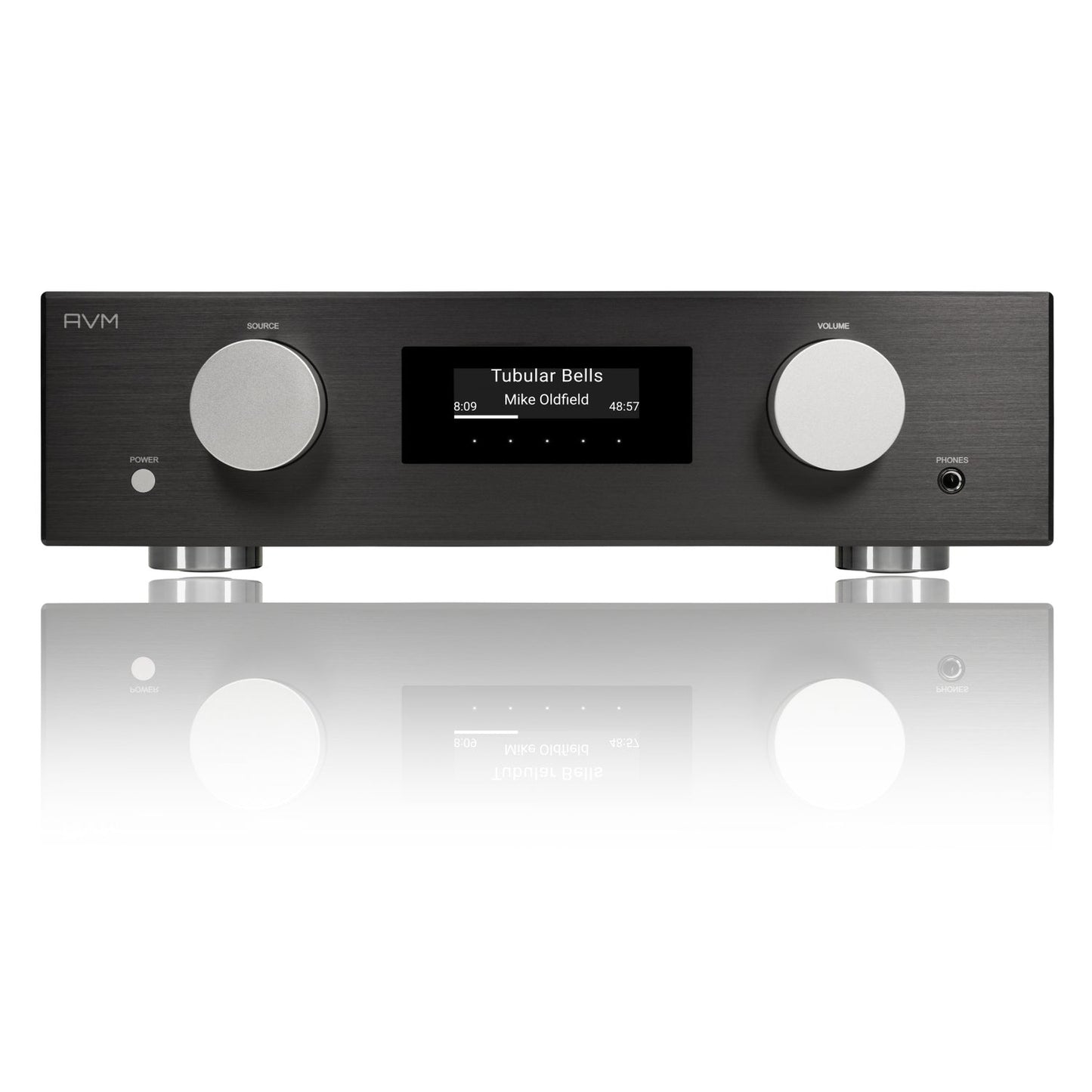 AVM Evolution PAS 5.3 Streaming-Vorverstärker Schwarz Frontansicht mit OLED-Display, Source- und Lautstärkeregler