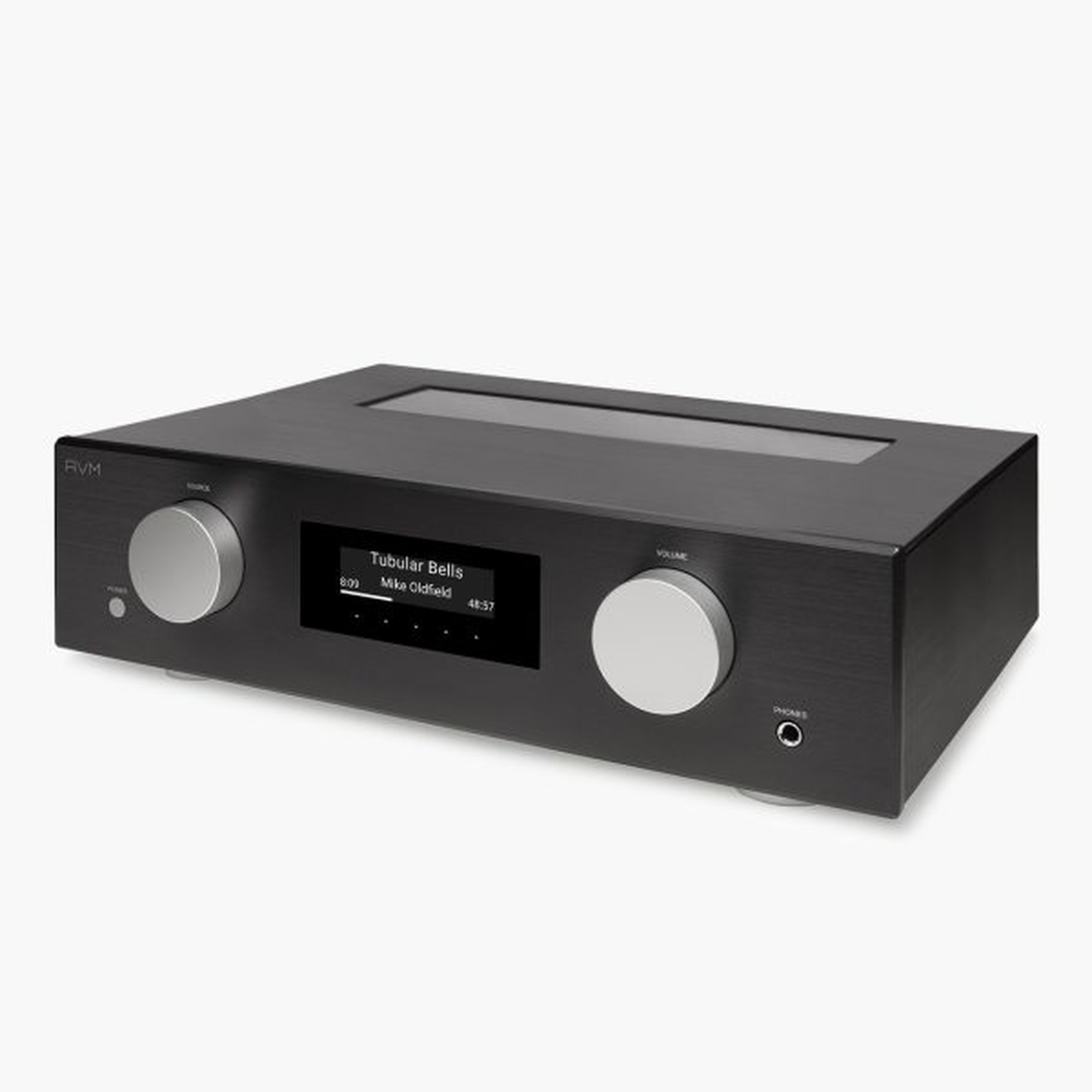 AVM Evolution PAS 5.3 Streaming-Vorverstärker Schwarz Schrägansicht von rechts mit Röhrenfenster im Deckel