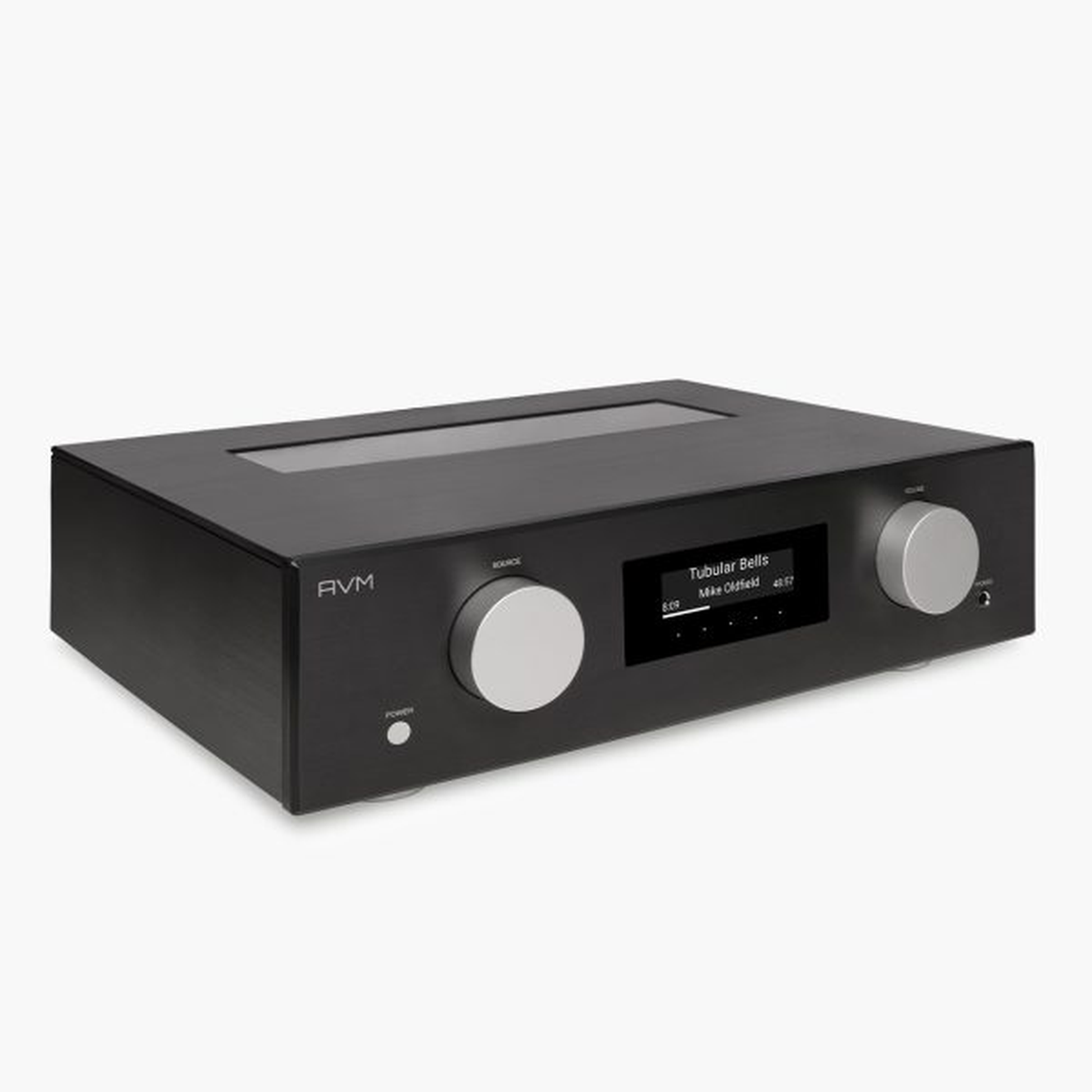 AVM Evolution PAS 5.3 Streaming-Vorverstärker Schwarz Schrägansicht von links, Gehäusedeckel mit Röhrenfenster