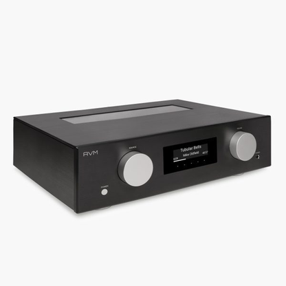 AVM Evolution PAS 5.3 Streaming-Vorverstärker Schwarz Schrägansicht von links, Gehäusedeckel mit Röhrenfenster