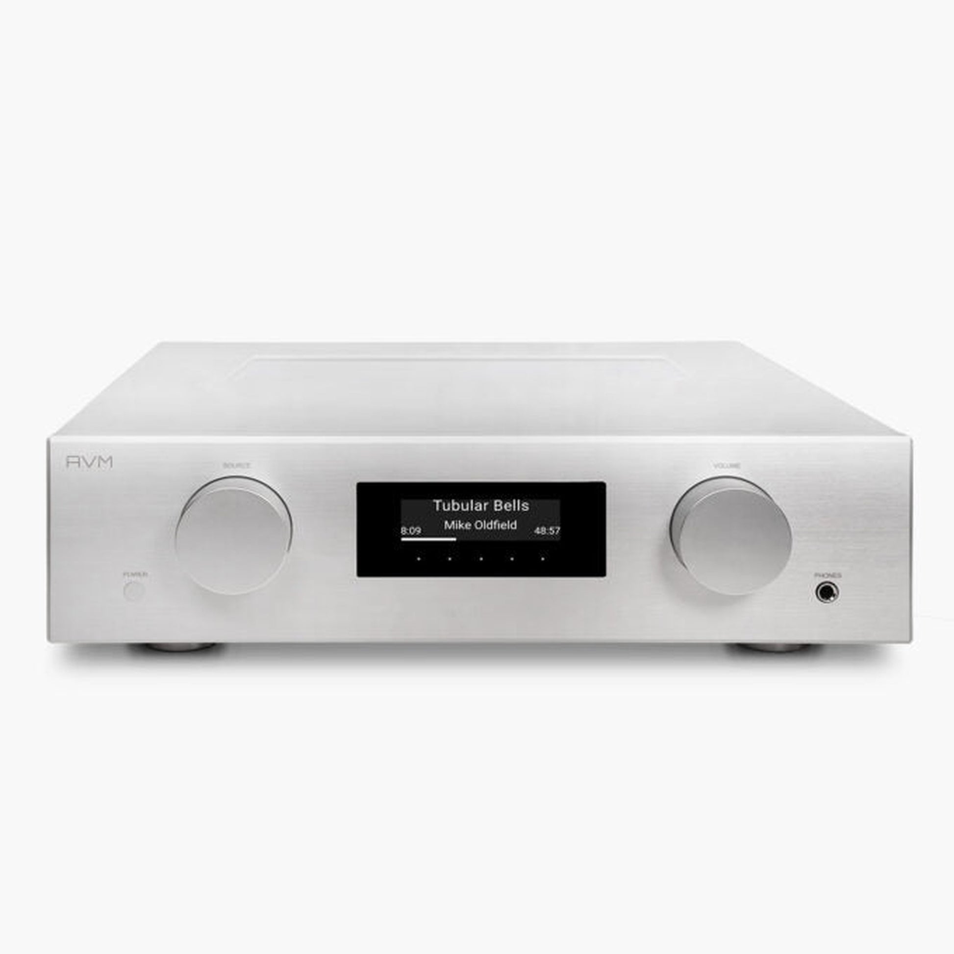 AVM Evolution PAS 5.3 Streaming-Vorverstärker Silber Frontansicht mit Glasfenster im Gehäusedeckel