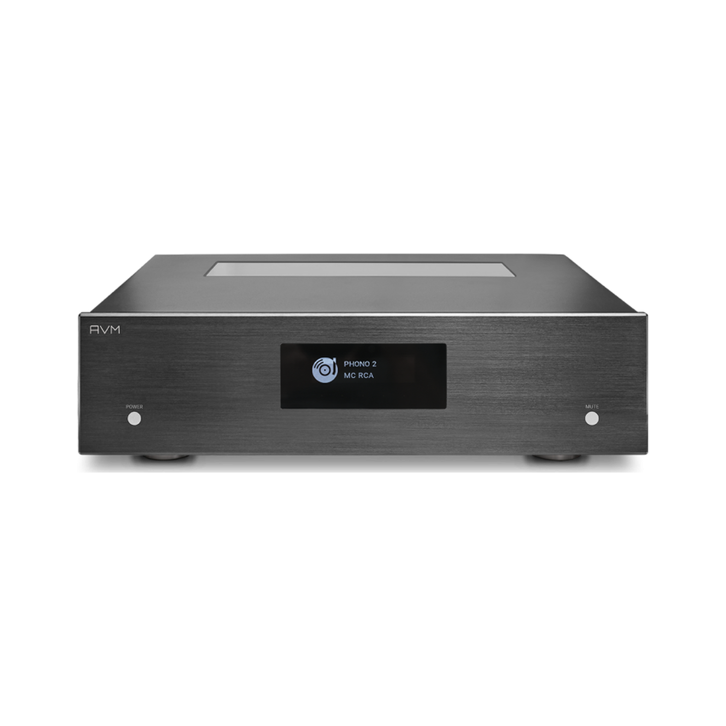 AVM Evolution PH 3.3 Phono-Vorverstärker Schwarz Frontansicht mit Display und Gehäusedeckel