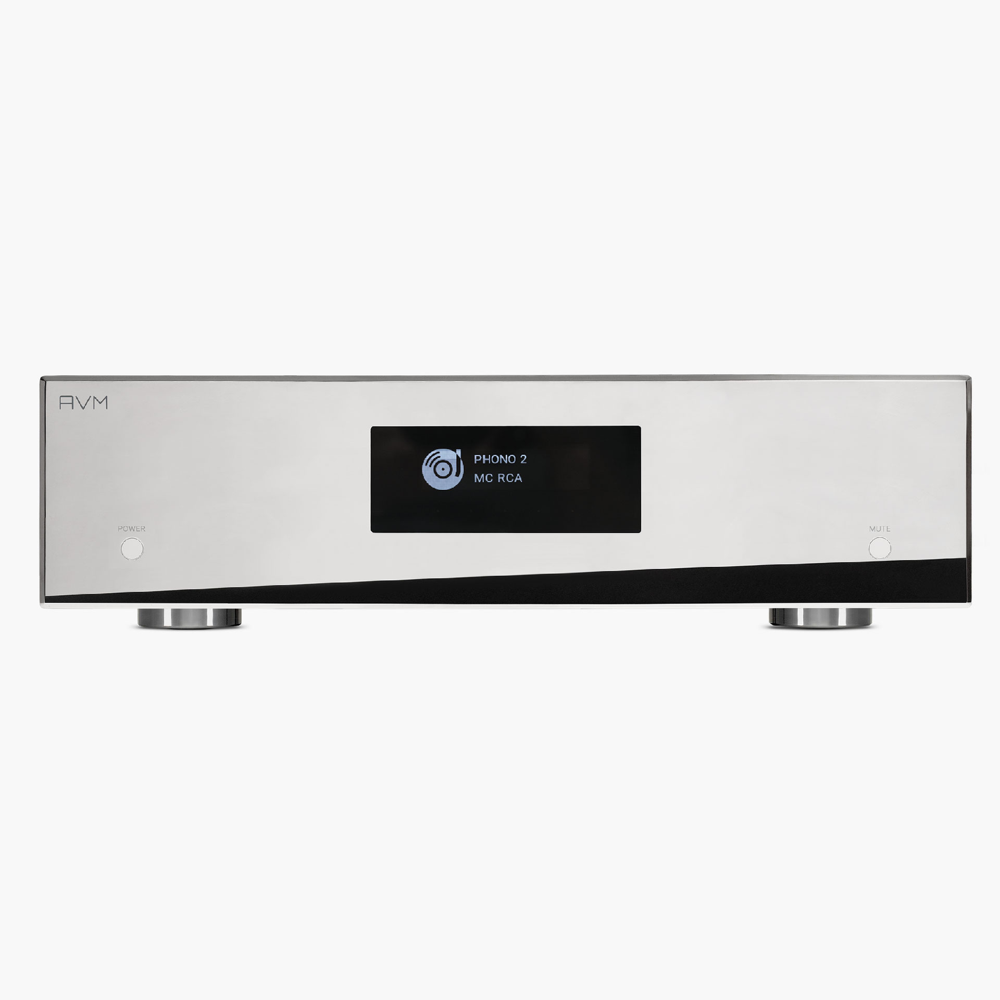 AVM Evolution PH 5.3 Röhren-Phonostufe Cellini Chrom Detailansicht der verchromten Frontplatte mit Display