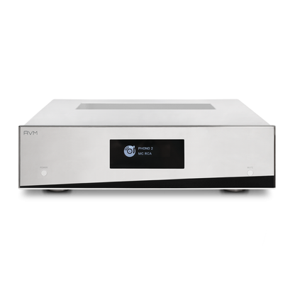 AVM Evolution PH 5.3 Röhren-Phonostufe Cellini Chrom Frontansicht mit verchromter Front und Display