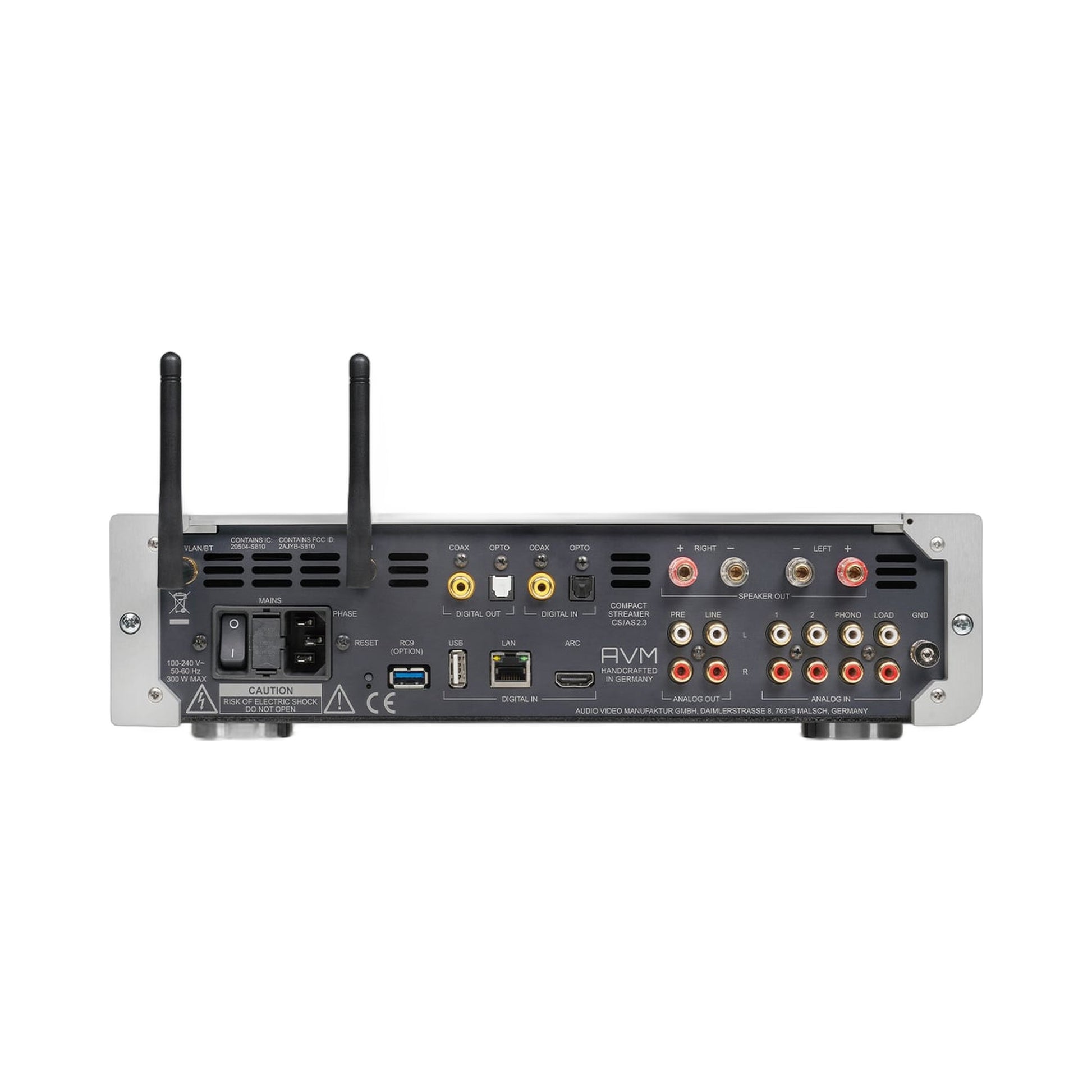 AVM Inspiration AS 2.3 Streaming-Vollverstärker Anschlussfeld mit Netzschalter, Kaltgerätebuchse und Antennen