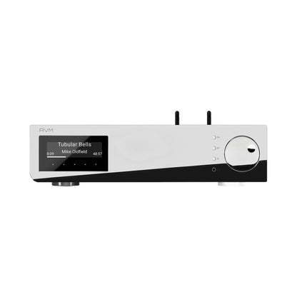 AVM Inspiration AS 2.3 Streaming-Vollverstärker Cellini Chrom Frontansicht mit Display und Lautstärkeregler
